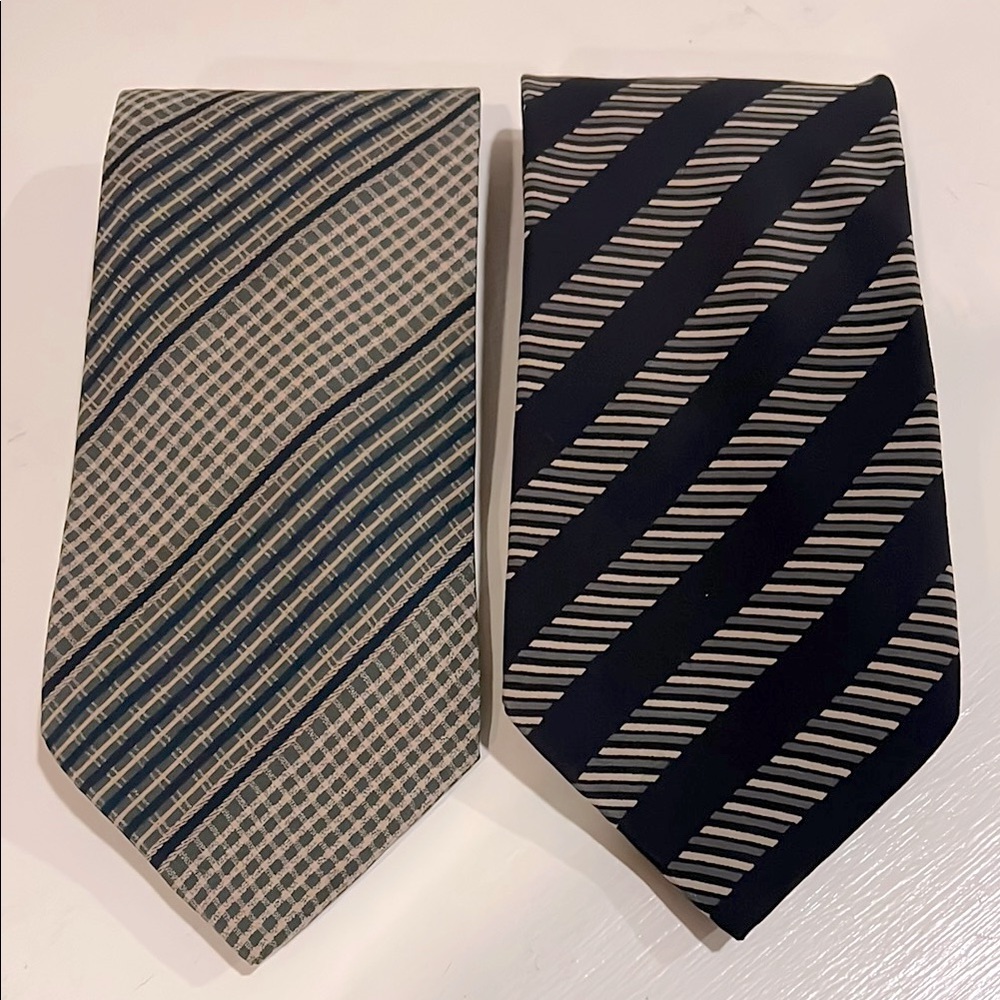 Lot (2) EMPORIO ARMANI Mens Neck TIES Vintage Blue Black Tan Khaki Green Pattern